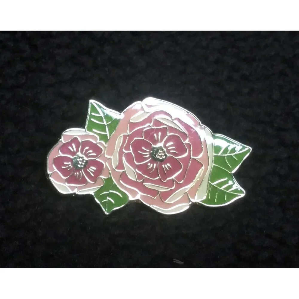 VTG Brooch Pin 80s gold pink roses green leaves enamel very pretty 2